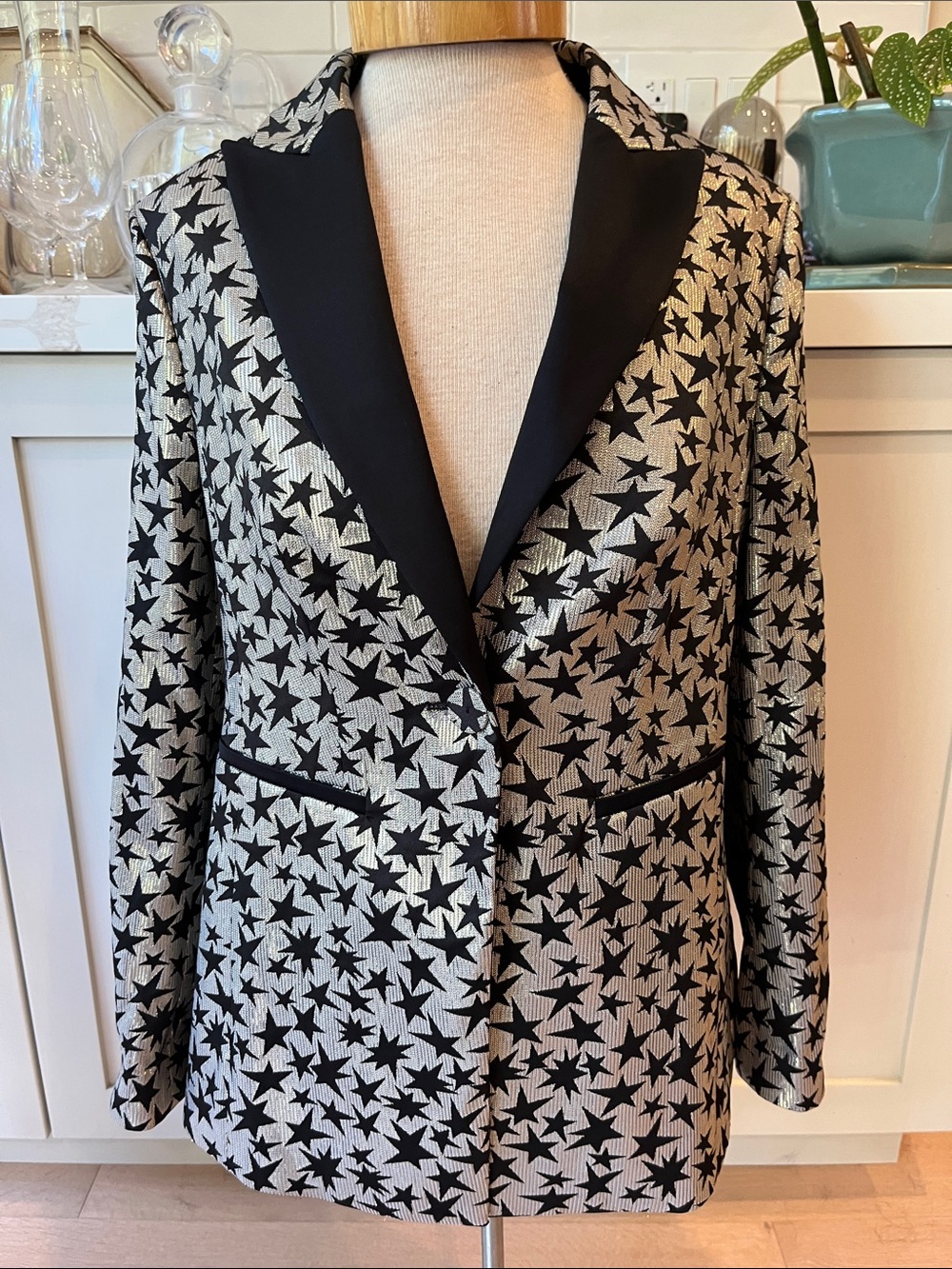 NEW Luisa Cerano Star-Pattern Satin Lapel Blazer in Black & Metallic Silver/Gold